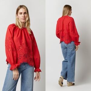 Ulla Johnson Louisa Blouse Red Floral Eyelet Linen Blend Scallop Hem Women’s 0